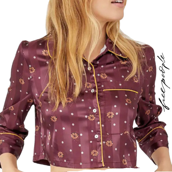 Free People Other - Free People Silky Pajama Party Printed Cropped Burgundy Gold Pajama Top XS NEW